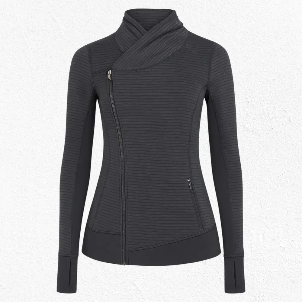 Lululemon Gray Microstripe Scuba Funnel Neck Asymmetrical Zip Wrap Jacket Size 6
